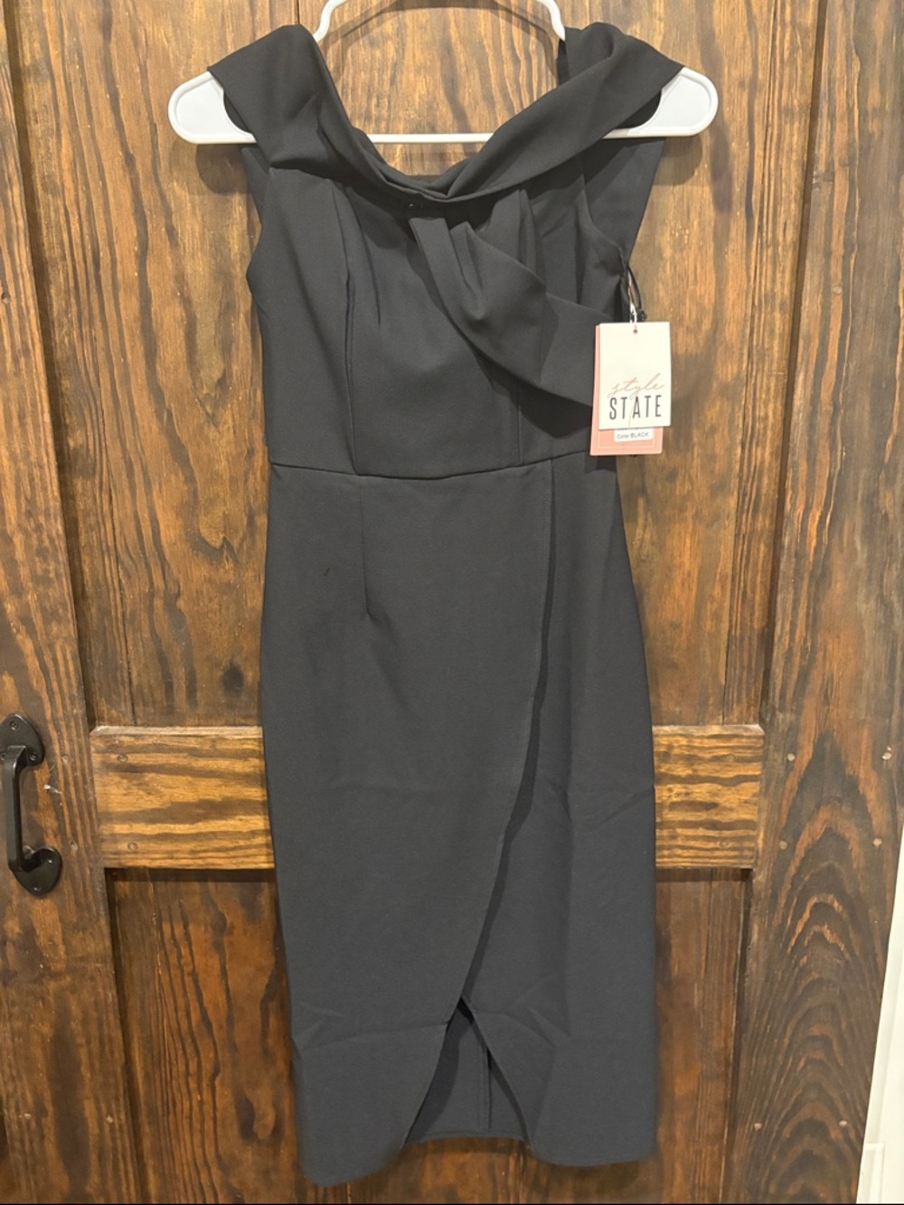 STATE Black Midi One-Shoulder Draped Dress